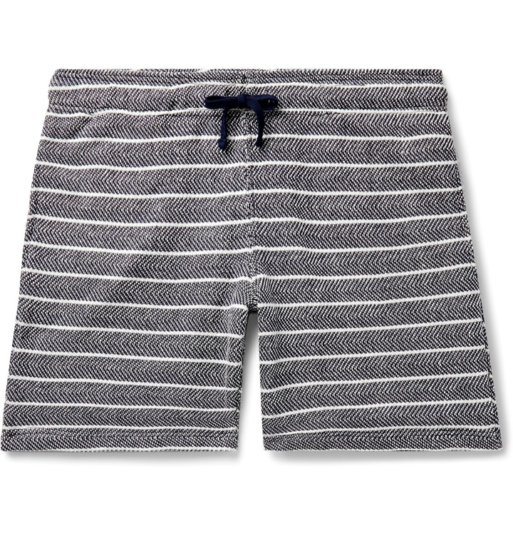 Photo: Onia - Jayden Striped Herringbone Loopback Cotton-Blend Drawstring Shorts - Blue