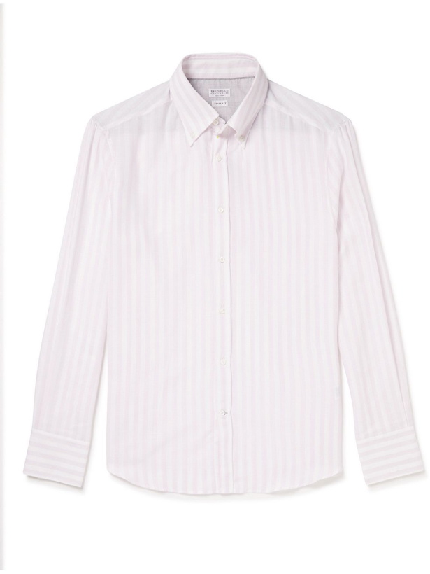 Photo: Brunello Cucinelli - Slim-Fit Button-Down Collar Striped Cotton-Voile Shirt - Pink