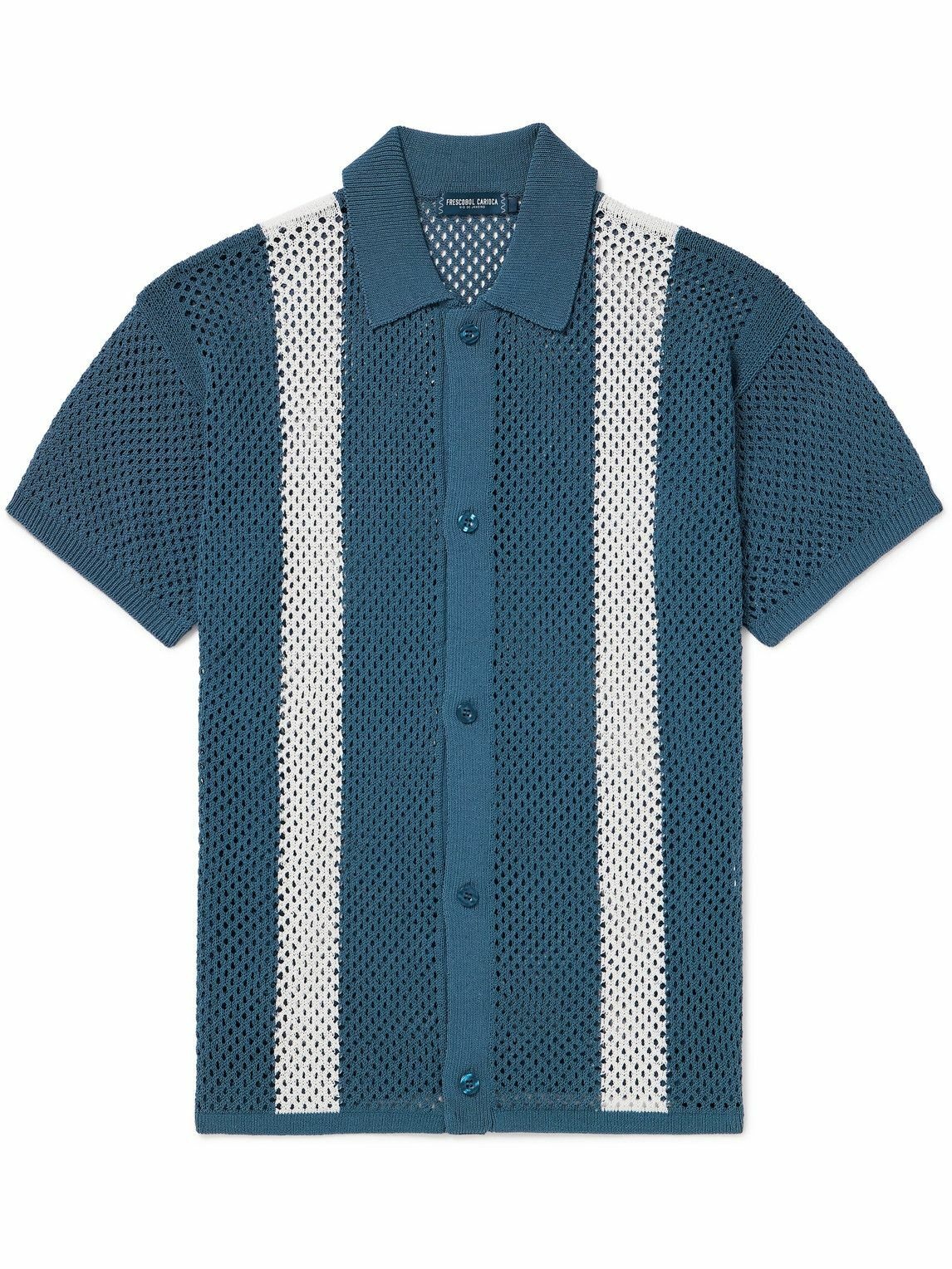 Photo: Frescobol Carioca - Castillo Striped Crocheted Cotton-Blend Shirt - Blue