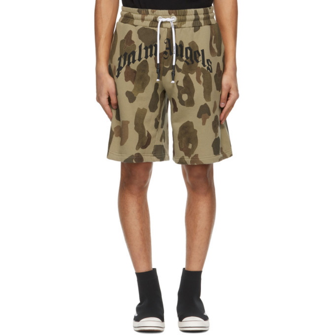 Photo: Palm Angels Khaki Camo Curved Logo Lounge Shorts