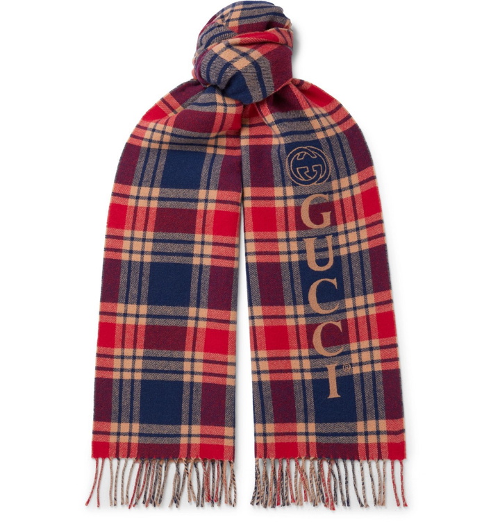 Photo: Gucci - Reversible Checked Logo-Intarsia Fringed Wool and Cashmere-Blend Scarf - Brown