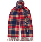 Gucci - Reversible Checked Logo-Intarsia Fringed Wool and Cashmere-Blend Scarf - Brown