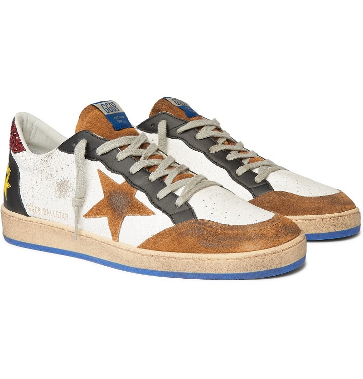Photo: Golden Goose - Ball Star Distressed Cracked-Leather and Suede Sneakers - White