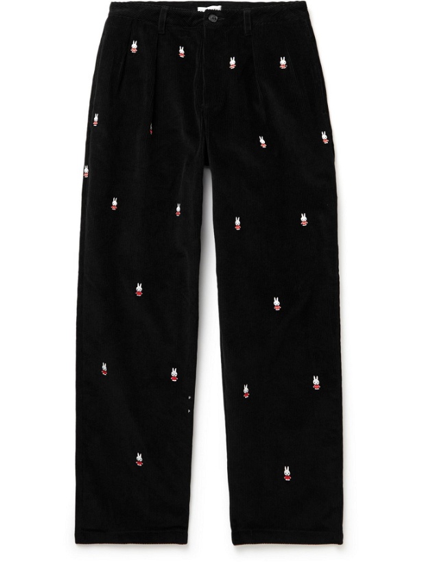 Photo: POP TRADING COMPANY - Miffy Pleated Logo-Embroidered Cotton-Corduroy Suit Trousers - Black