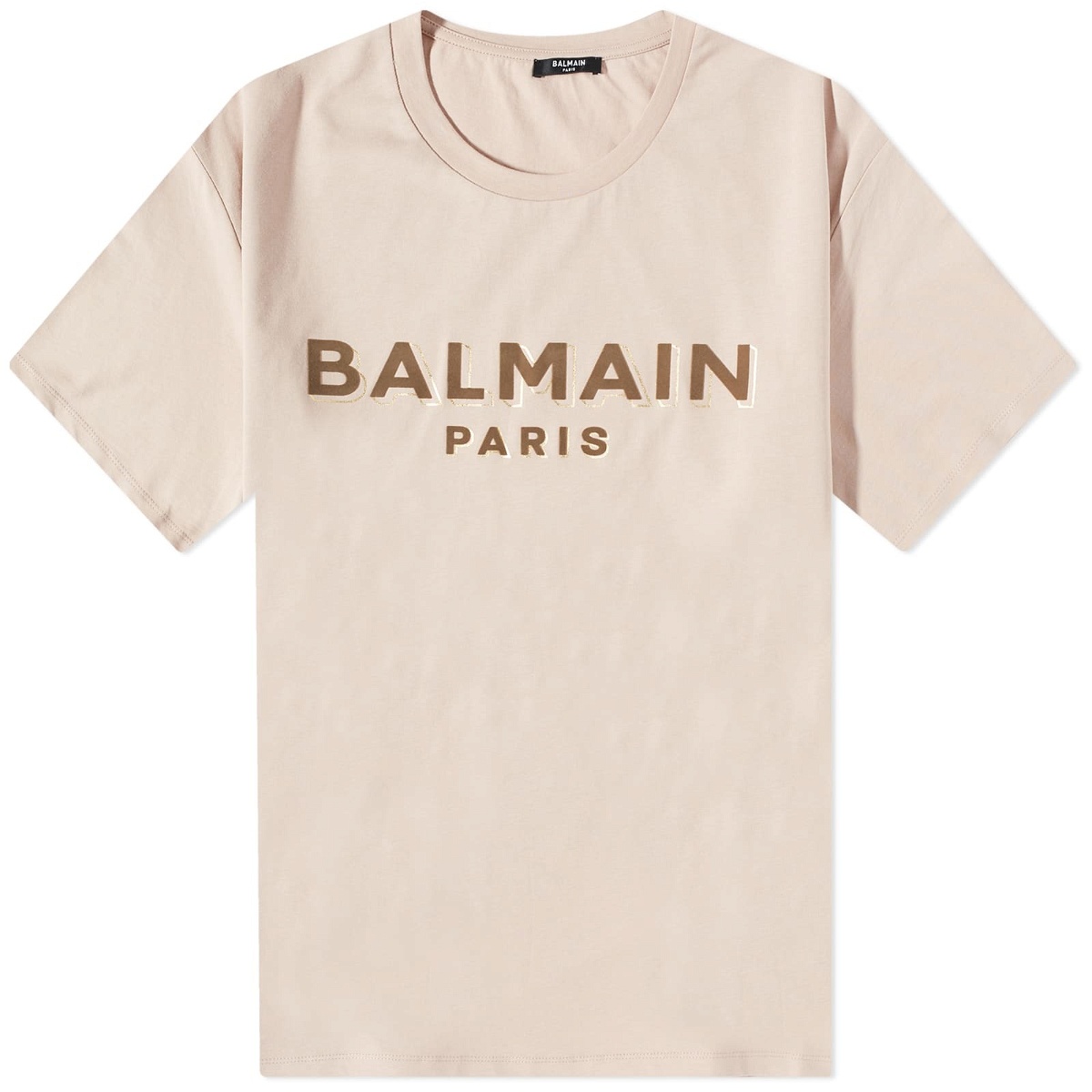 Balmain Men's Flock & Foil Paris Logo T-Shirt in Nude/Taupe Balmain