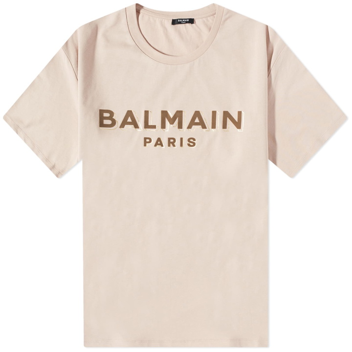 Photo: Balmain Men's Flock & Foil Paris Logo T-Shirt in Nude/Taupe
