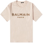 Balmain Men's Flock & Foil Paris Logo T-Shirt in Nude/Taupe