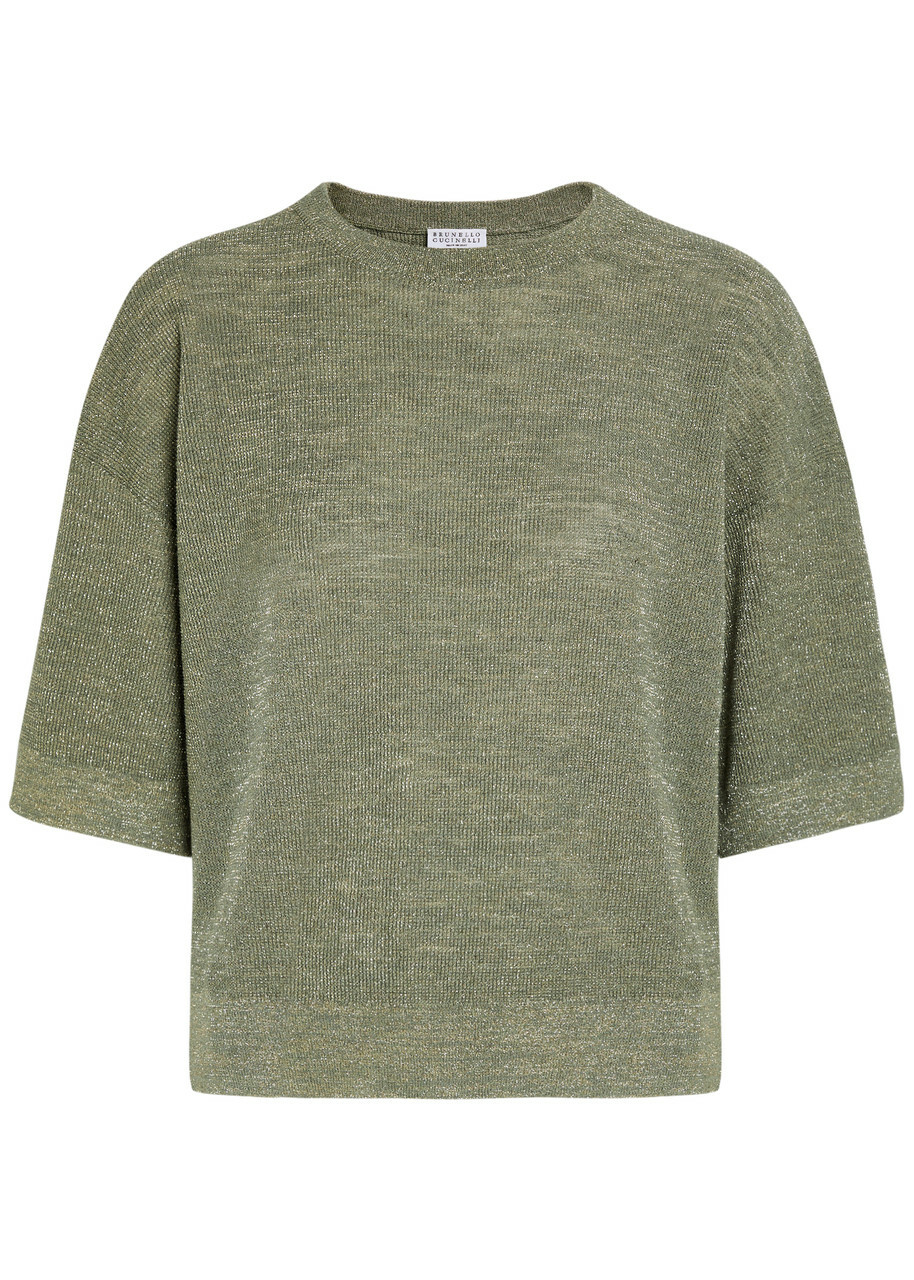 Brunello Cucinelli Metallic Fine-knit Sweater top Khaki