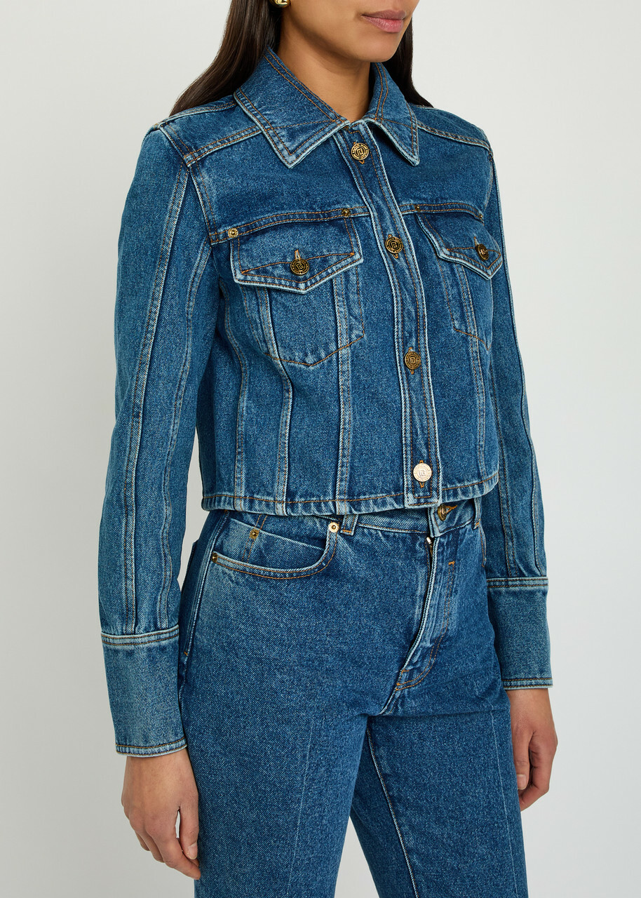 Balmain Cropped Denim Jacket Dark Blue