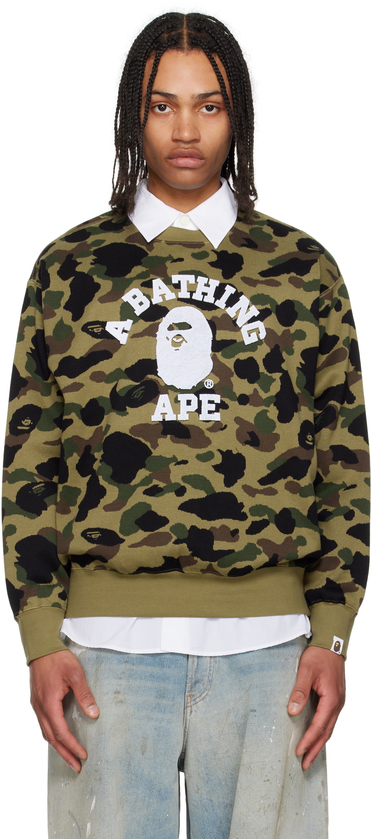 BAPE Gray Camo Ape Head One Point Crewneck Sweatshirt A BAPE Gray Camo Ape Head One Point Crewneck Sweatshirt A