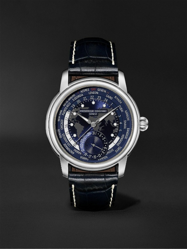 Photo: Frederique Constant - Classic Worldtimer Automatic GMT 42mm Stainless Steel and Leather Watch, Ref. No. FC-718NWM4H6-CL - Blue