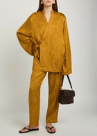 Delos Tao Textured Jacquard Satin Wrap Shirt Bronze