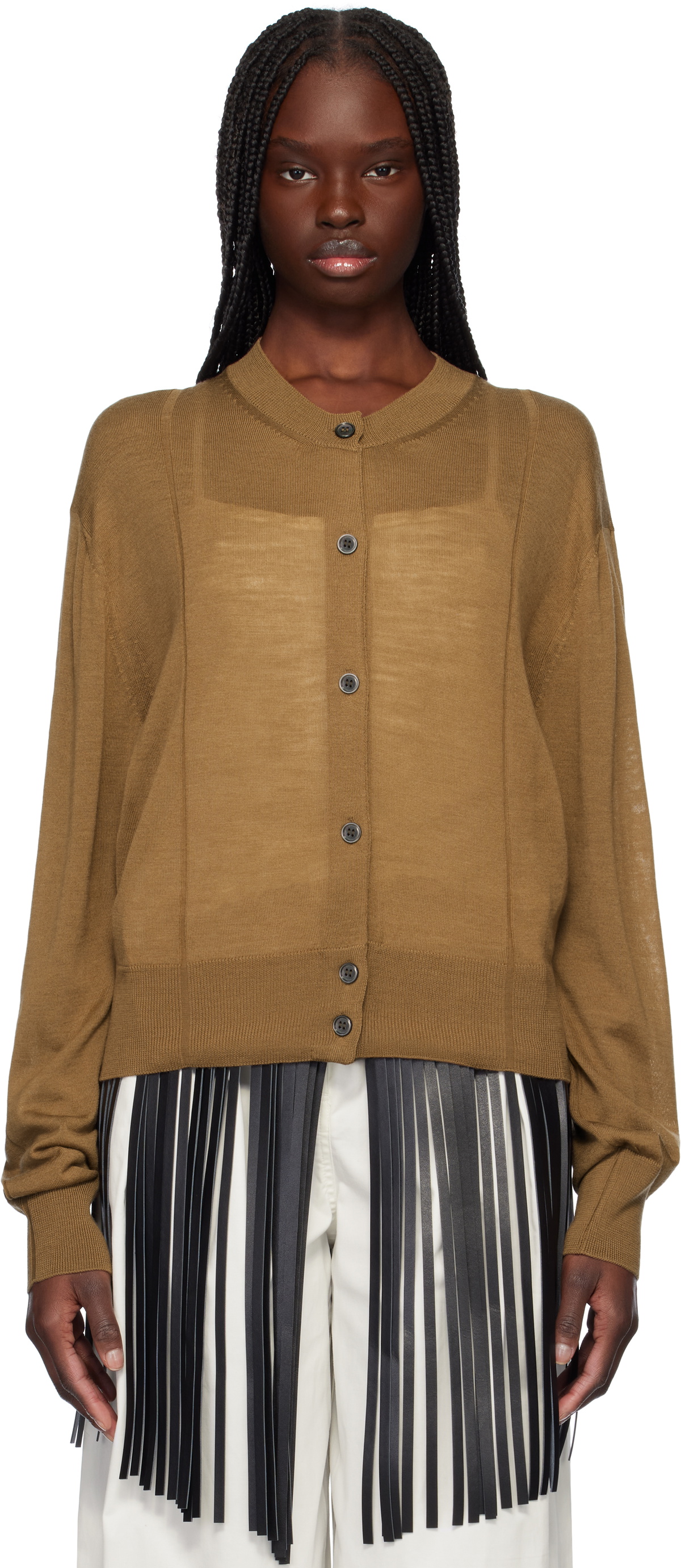 RECTO Tan Crewneck Sheer Knit Cardigan