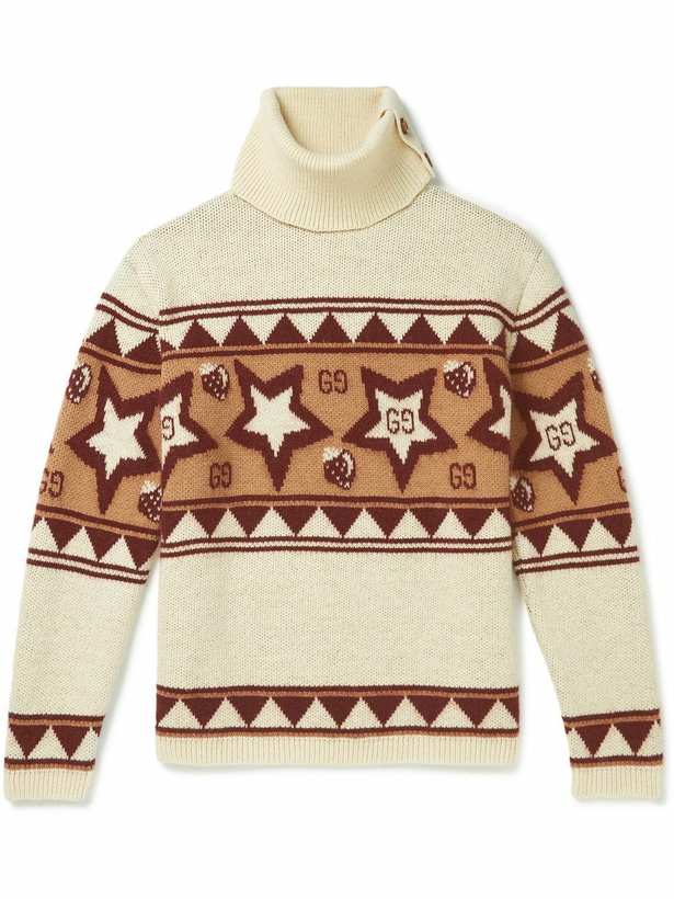 Photo: GUCCI - Logo-Intarsia Wool-Blend Rollneck Sweater - Neutrals