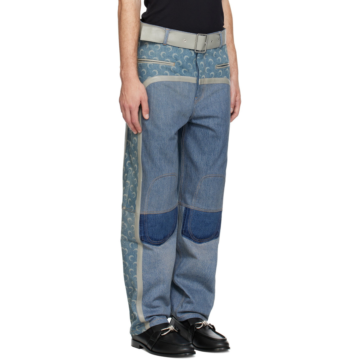 Marine Serre Blue Regenerated Denim Belted Baggy Jeans