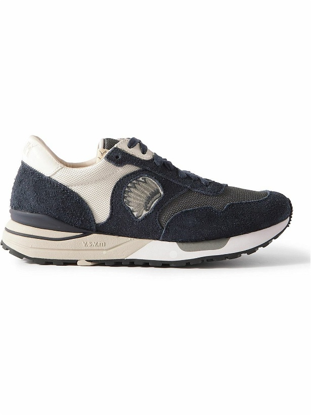 Photo: Visvim - Roland Leather-Trimmed Embroidered Suede and Mesh Sneakers - Blue