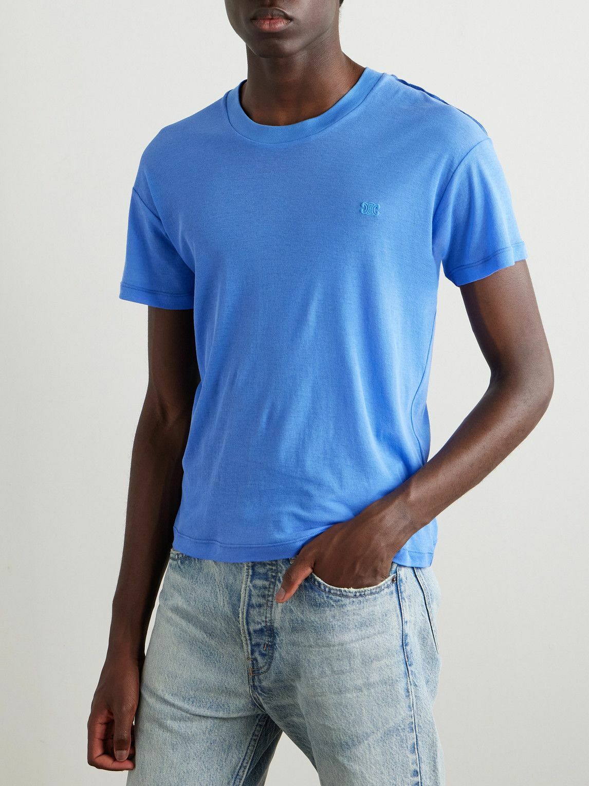 CELINE - Slim-Fit Logo-Embroidered Cotton-Jersey T-Shirt - Blue