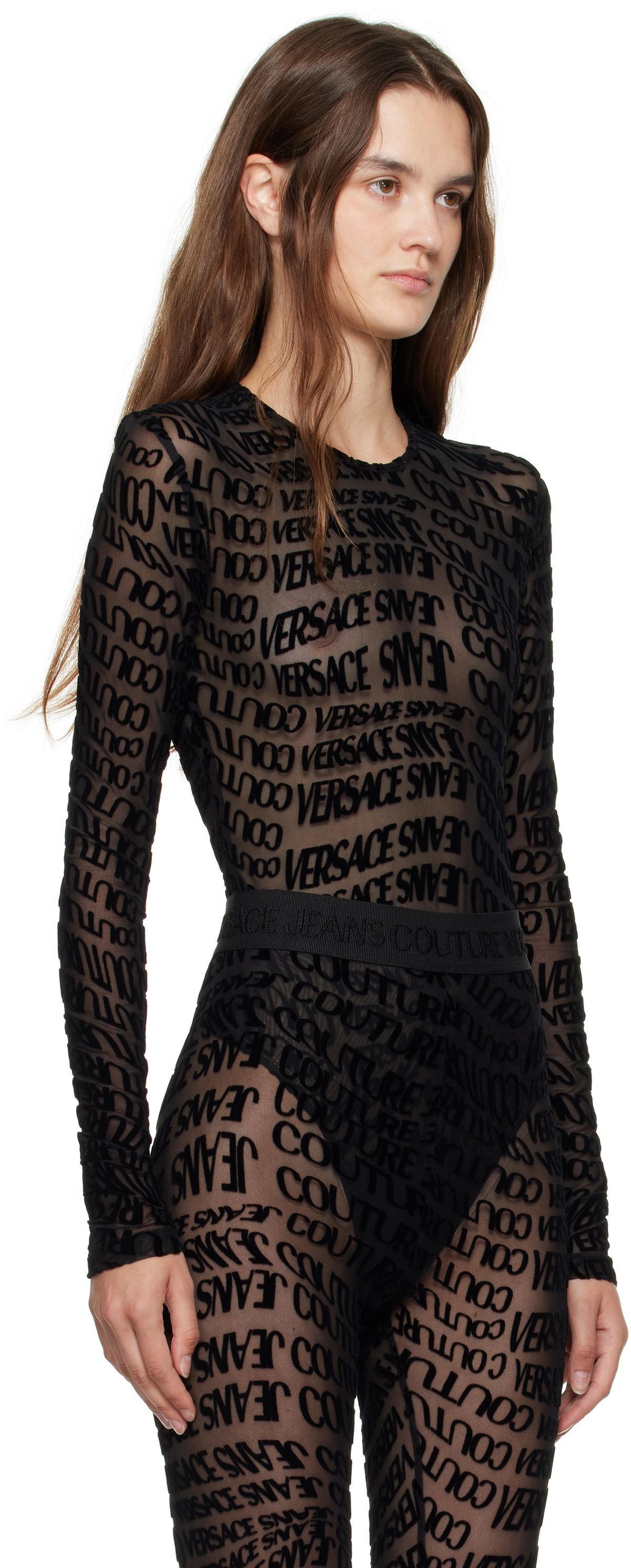 Versace Jeans Couture Black Tulle Flock Liquify Bodysuit