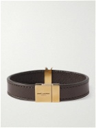 SAINT LAURENT - Cassandre Logo-Embellished Leather and Gold-Tone Bracelet - Brown