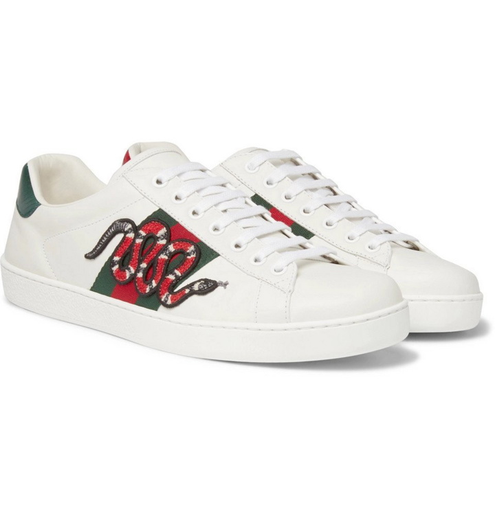 Photo: Gucci - Ace Watersnake-Trimmed Appliquéd Leather Sneakers - Men - White