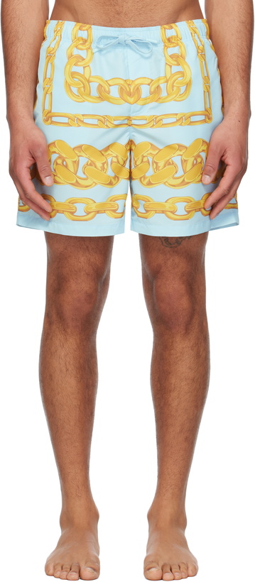 Photo: Versace Underwear Blue & Yellow Medusa Chains Swim Shorts