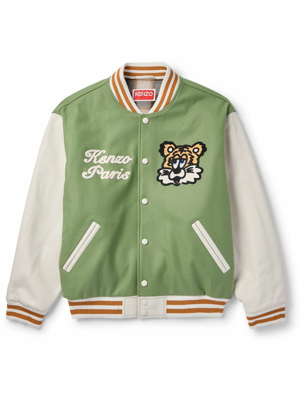 Photo: KENZO - Verdy Logo-Embroidered Leather-Trimmed Wool-Blend Felt Varsity Jacket - Green