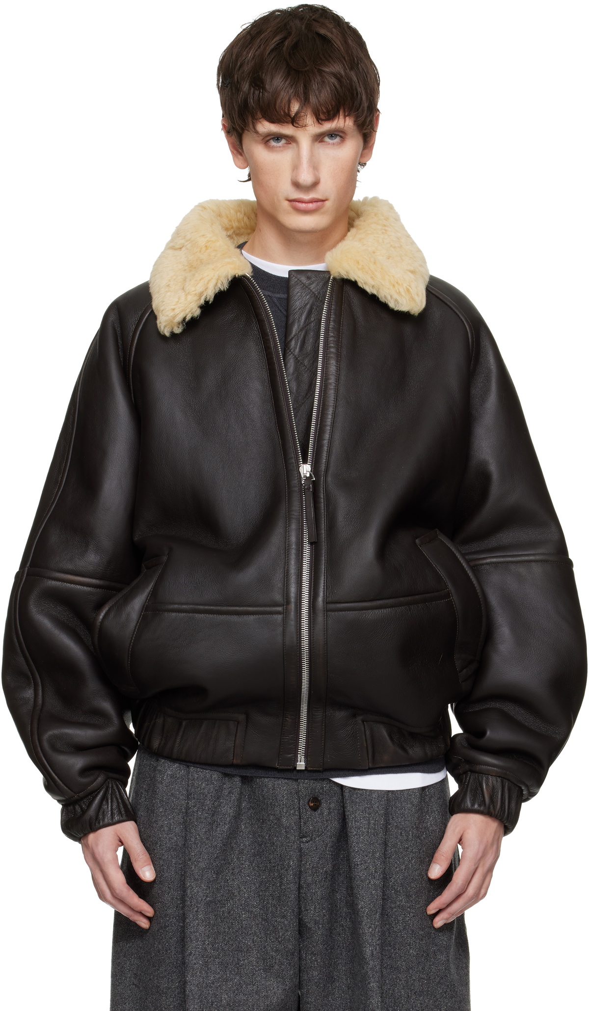 jacquemus ポルカドット ブルゾン JACQUEMUS: Brown 'The Bombardier' Shearling Jacket | SSENSE