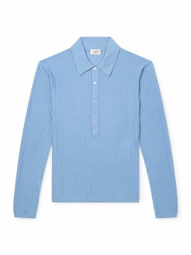 Photo: SAINT LAURENT - Slim-Fit Ribbed Wool, Cashmere and Silk-Blend Polo Shirt - Blue