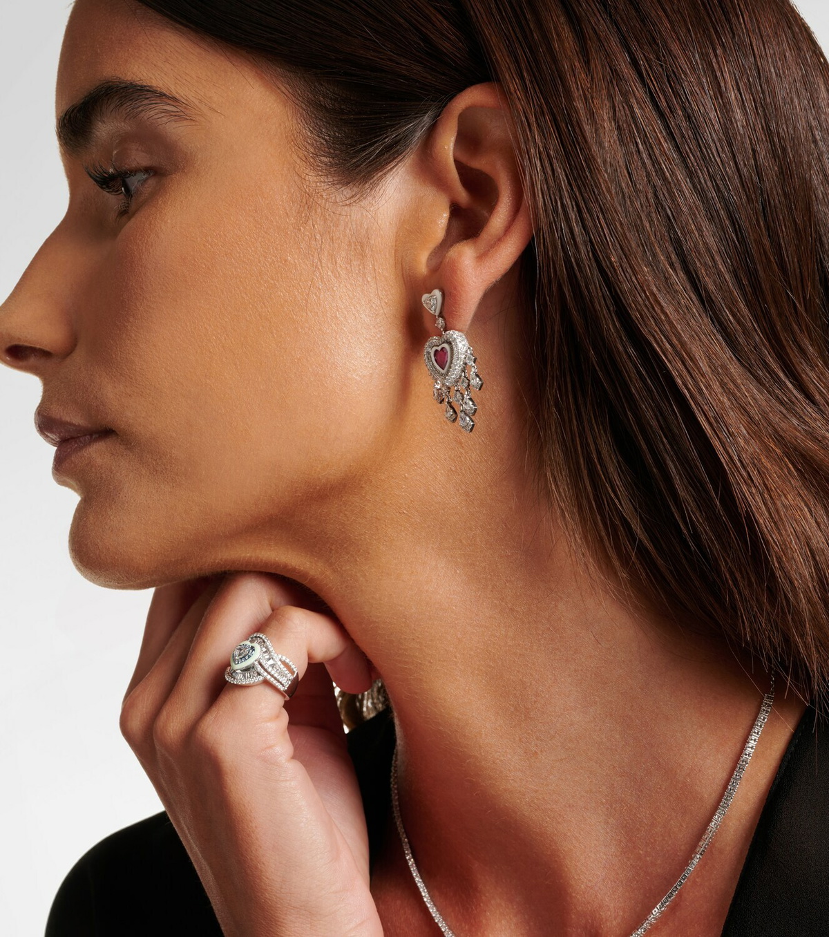 Kamyen Heart 18kt white gold earrings with rubies and diamonds