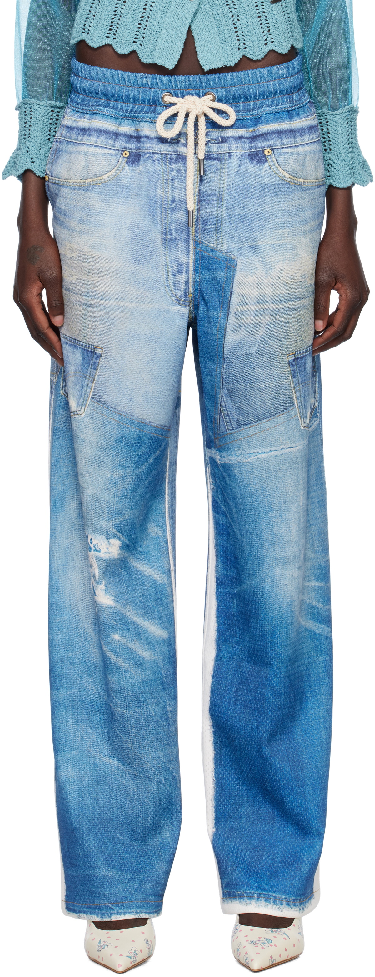 【ANDERSSON BELL】 DENIM TROMPE L`OEIL LAYERED TYING PANTS Blue & Black Trompe L'œil Layered Tying Jeans by Andersson
