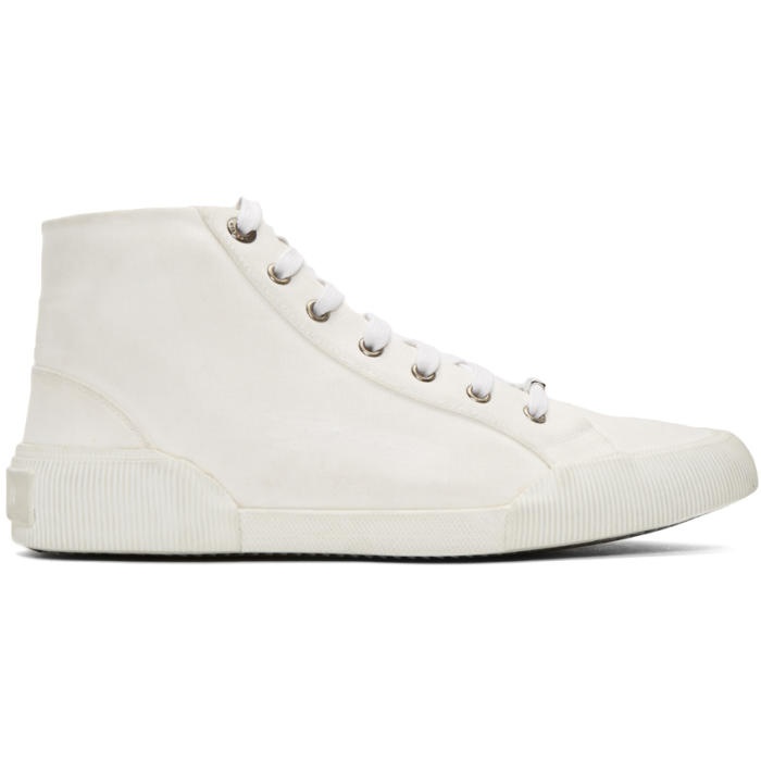 Photo: Lanvin White Distressed Canvas Mid-Top Sneakers