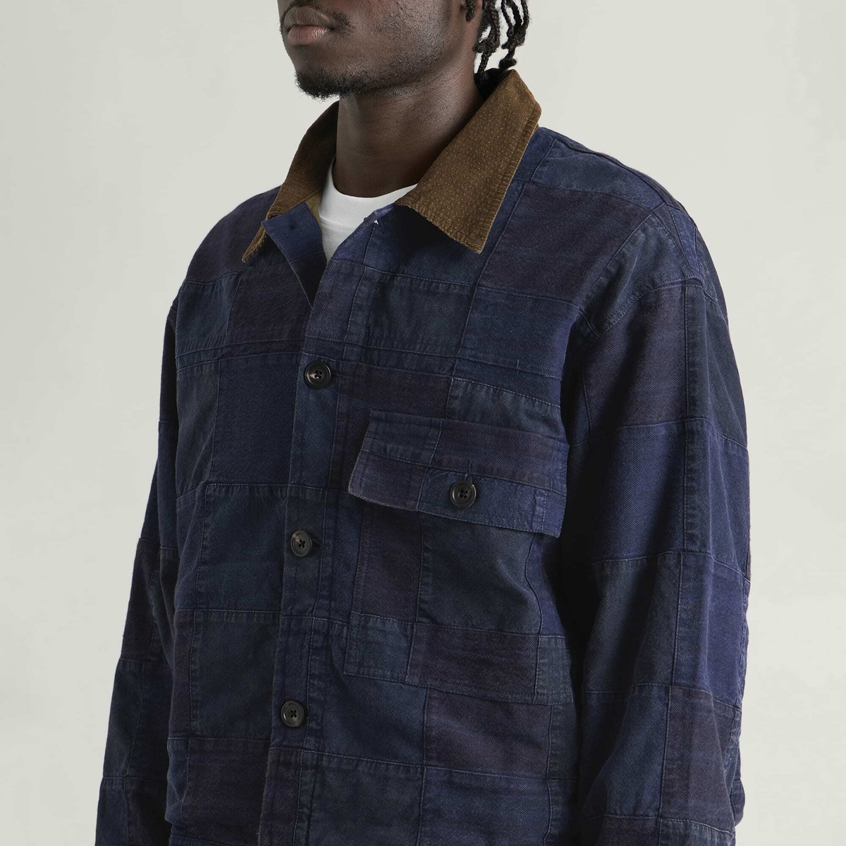 Café Mountain Men's Patchwork Workers Jacket in Blue And Bark Patchwork