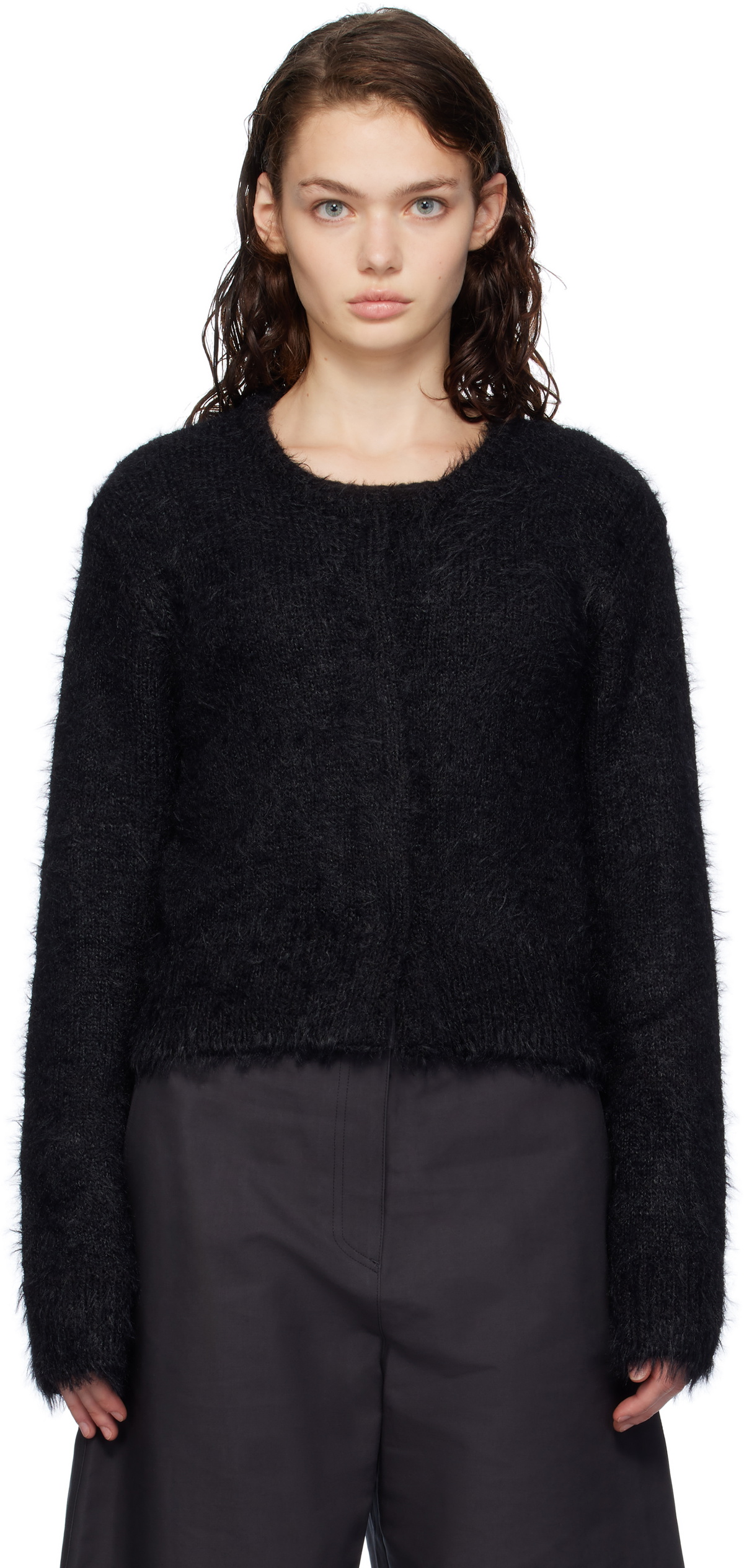 AMOMENTO Black Shaggy Cropped Cardigan