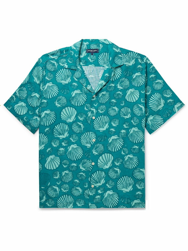 Photo: Frescobol Carioca - Roberto Camp-Collar Printed Linen Shirt - Blue