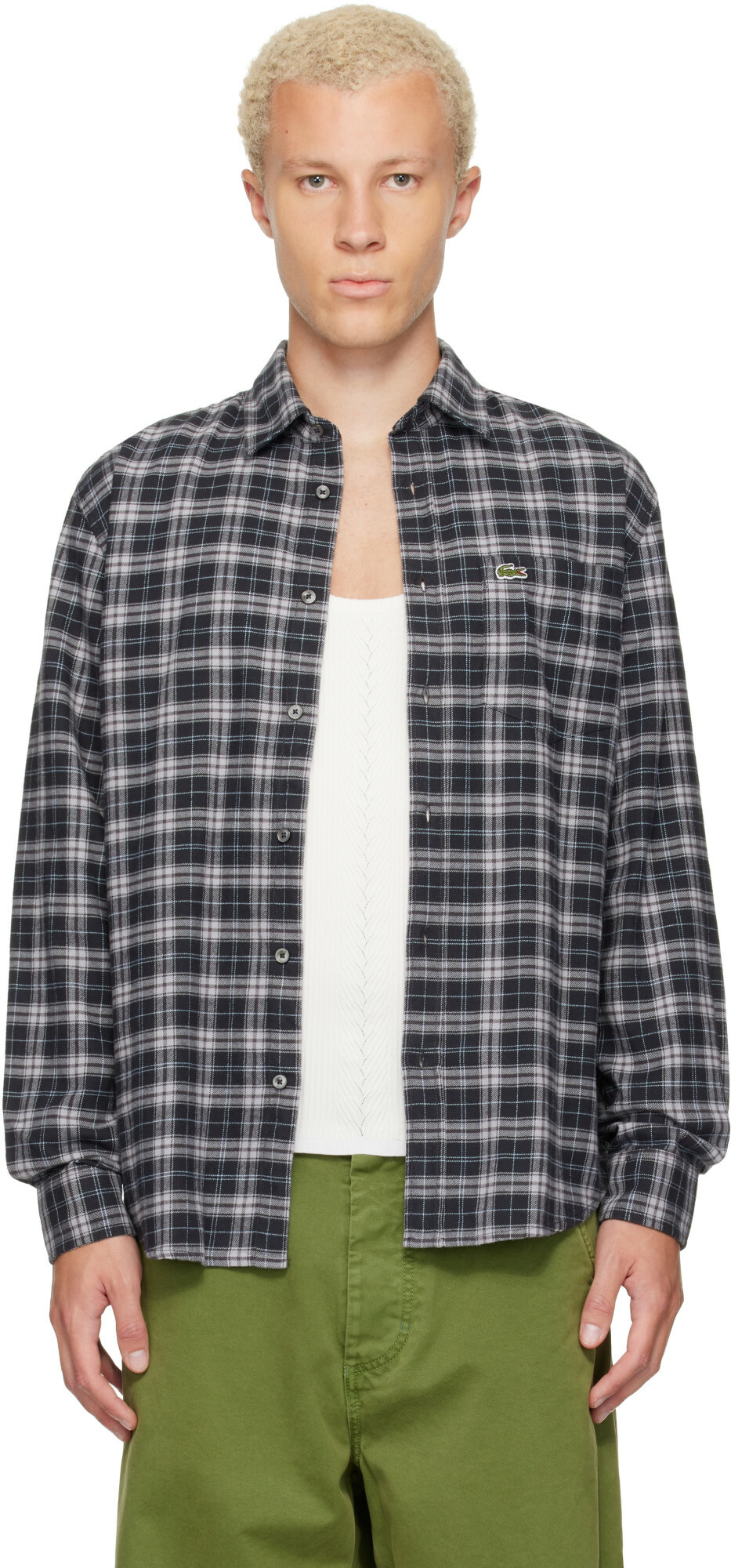 Lacoste Gray Regular Fit Plaid Flannel Shirt