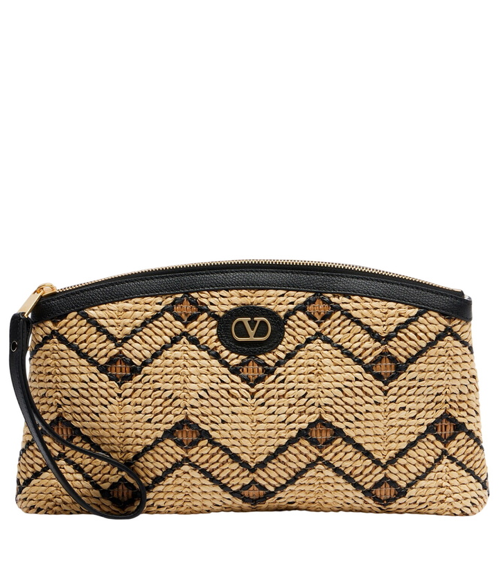 Photo: Valentino Garavani VLogo Small leather-trimmed raffia pouch