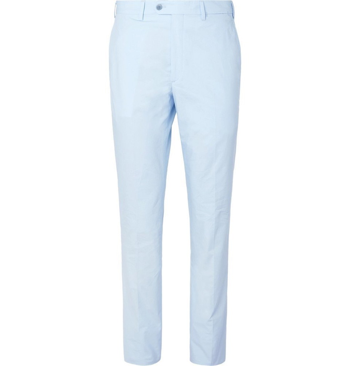 Photo: Brioni - Sky-Blue Slim-Fit Tapered Cotton-Poplin Suit Trousers - Blue