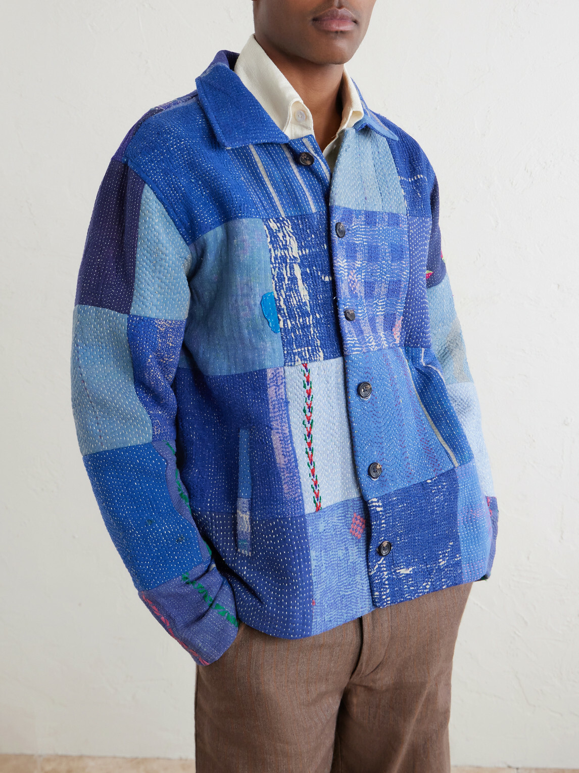 Kartik Research - Kantha Patchwork Embroidered Cotton Jacket - Blue