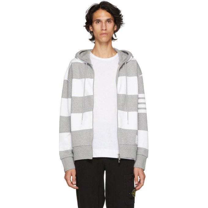 Photo: Thom Browne Grey and White Rugby Stripe Zip-Up Hoodie