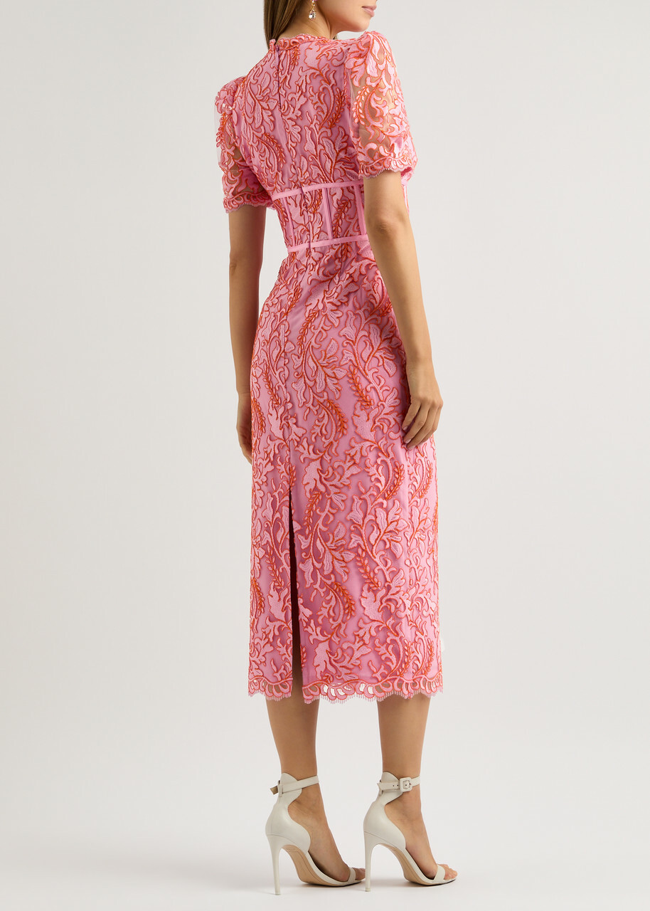 Rebecca Vallance Maribella Embroidered Tulle Midi Dress Pink