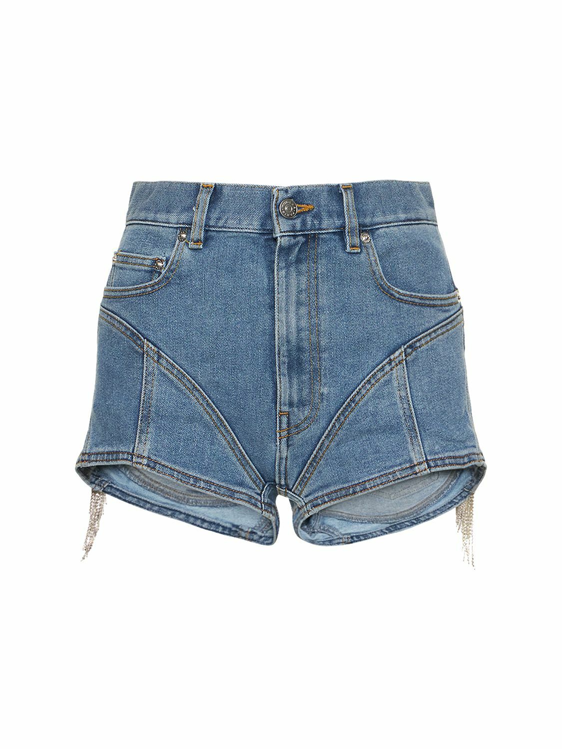 MUGLER - Embellished Fringe Denim Mini Shorts