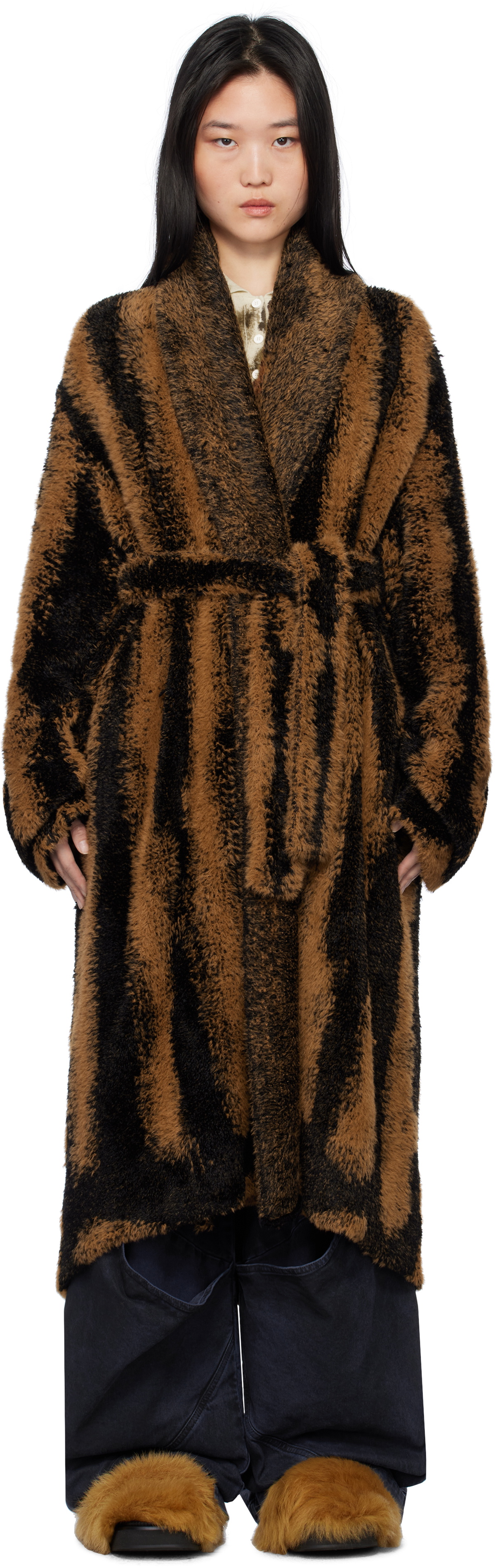 The Attico Brown Belted Faux-Fur Coat