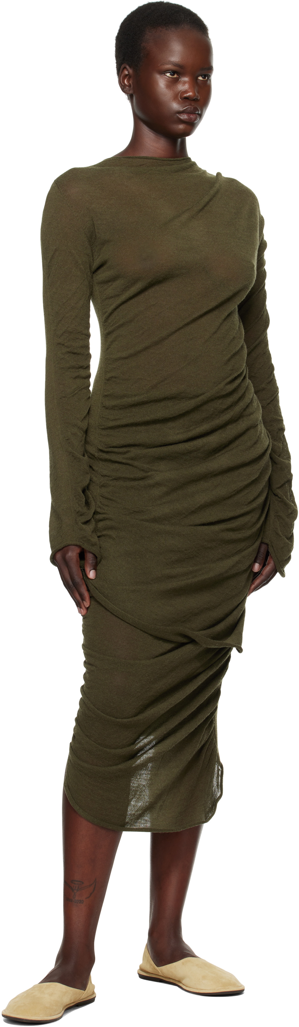 wool green dress Sofia Dress in Lime Silk Wool with Sporadic Sequins