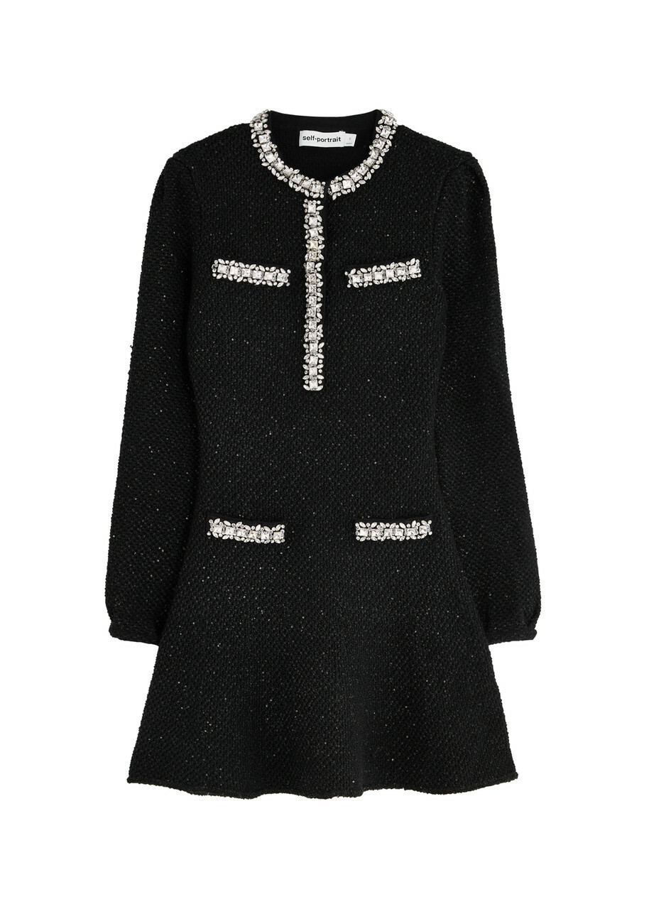 Self-portrait Crystal-embellished Cotton-blend Mini Dress Black