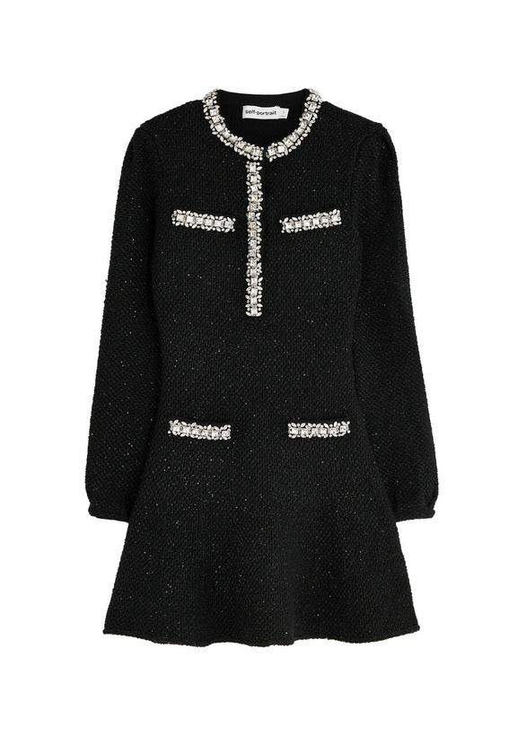 Photo: Self-portrait Crystal-embellished Cotton-blend Mini Dress Black