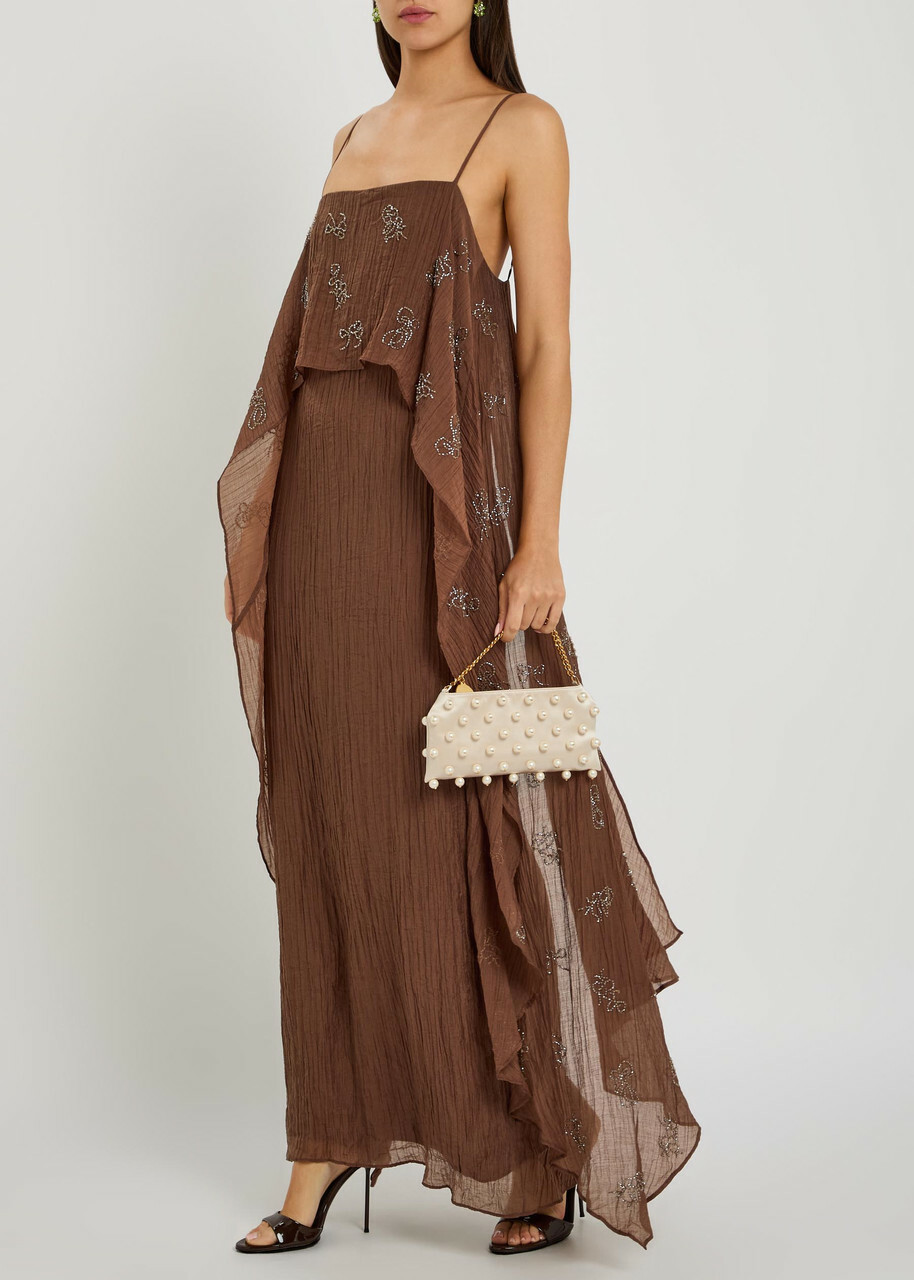 Staud Valencia Bead-embellished Crinkled Plissé Midi Dress Brown