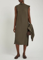 Issey Miyake Pleated Satin-plissé Midi Dress Khaki