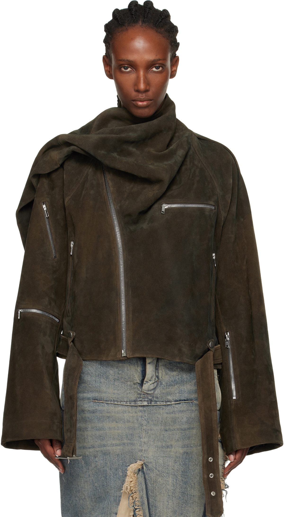 Rick Owens Gray Concordians Cropped Scarf Flight Suede Jacket