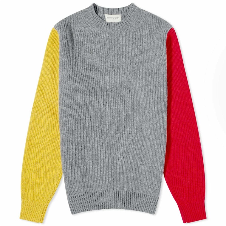 Photo: Country Of Origin Men's Tri Block Crew Knit in Mixed Grey/Pamplemousse