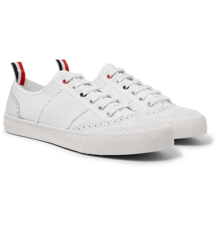 Photo: Thom Browne - Leather and Rubber-Trimmed Canvas Sneakers - White